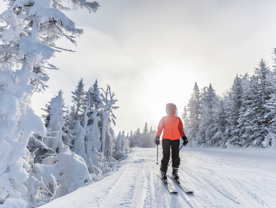 A skier in an orange jacket and black pants skis down a snowy path, surrounded by frosted trees, embodying the joy and preparation needed for winter sports.