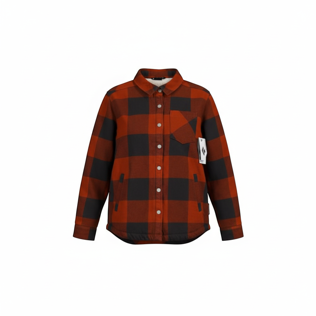 FERAL Black Diamond Women's lined flannel shirt in red and black buffalo check with sherpa collar. Size S.