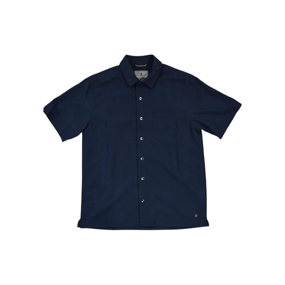 Navy button-down shirt by Royal Robbins with short sleeves and a chest pocket.