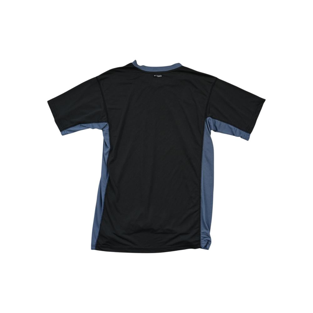 Grey and blue athletic shirt by Columbia with short sleeves, presented on a white background.