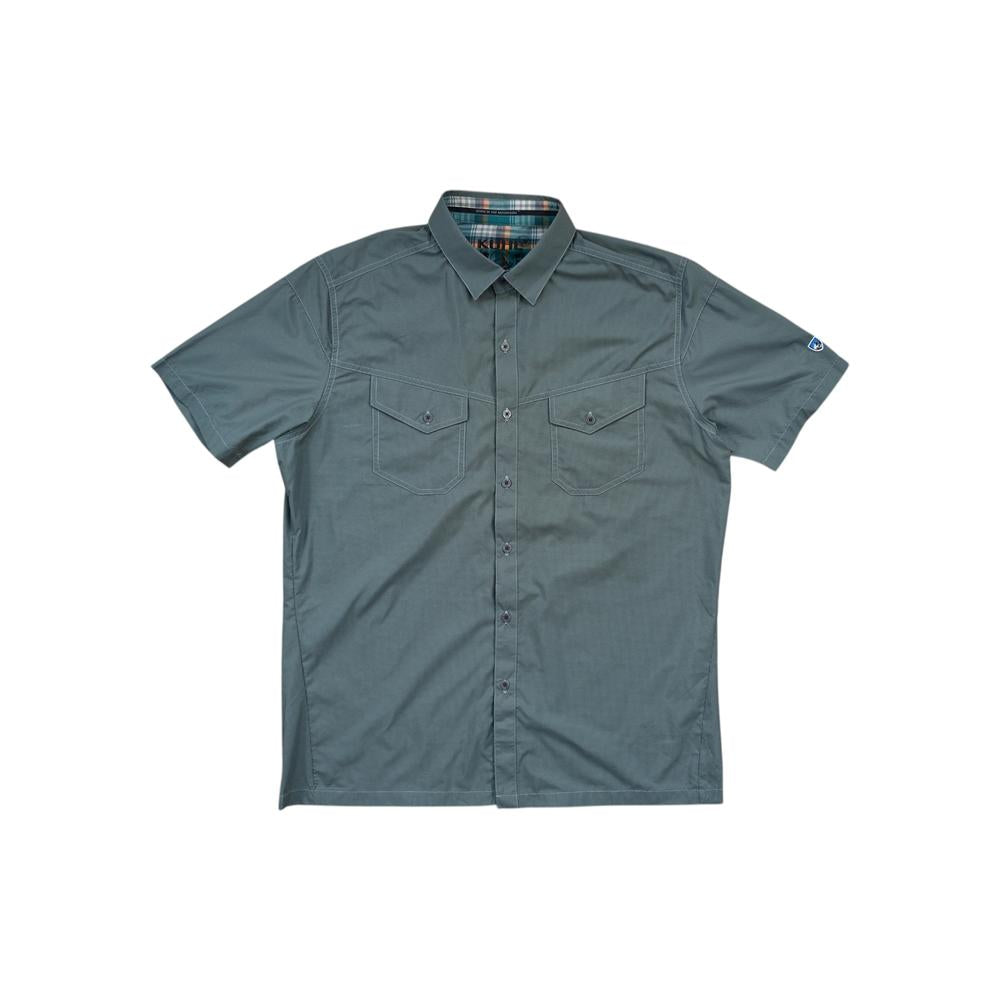 Green button-down shirt by Kuhl with short sleeves and two chest pockets.