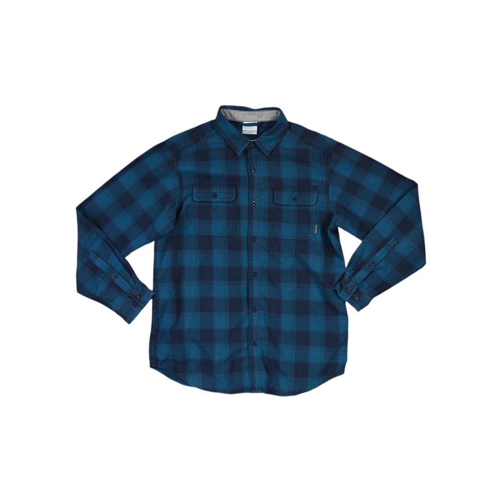 Blue plaid flannel shirt by Columbia, with long sleeves, button closure and chest pockets.