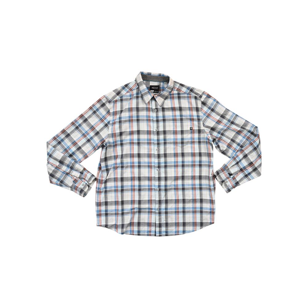 Plaid long sleeve hiking shirt by Marmot, with blue and white pattern.