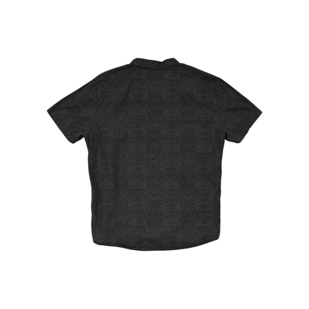 Grey button-up shirt by Dakine with short sleeves, textured patterned fabric, and back view.