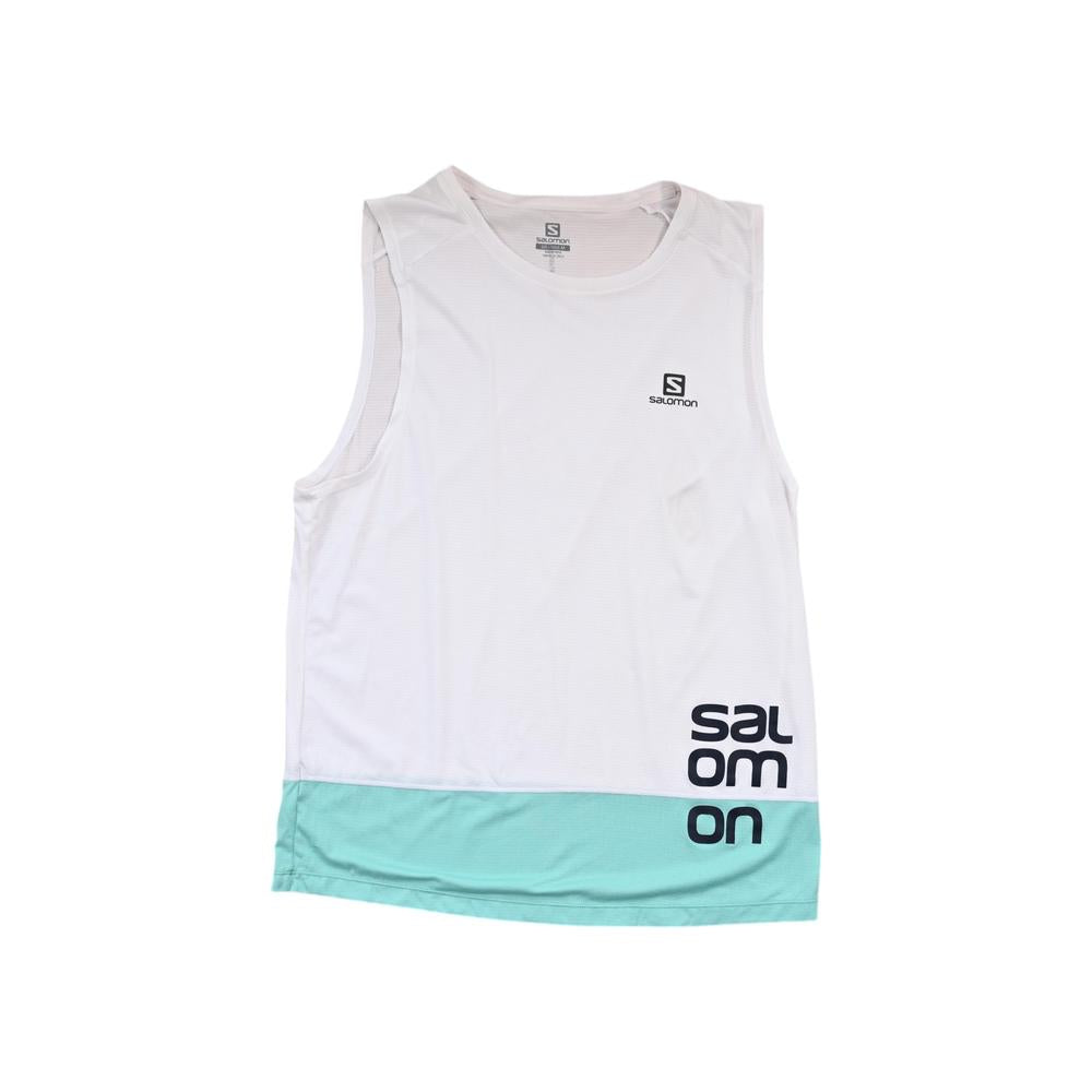 White running tank top shirt by Salomon with a teal hem and Salomon logo.