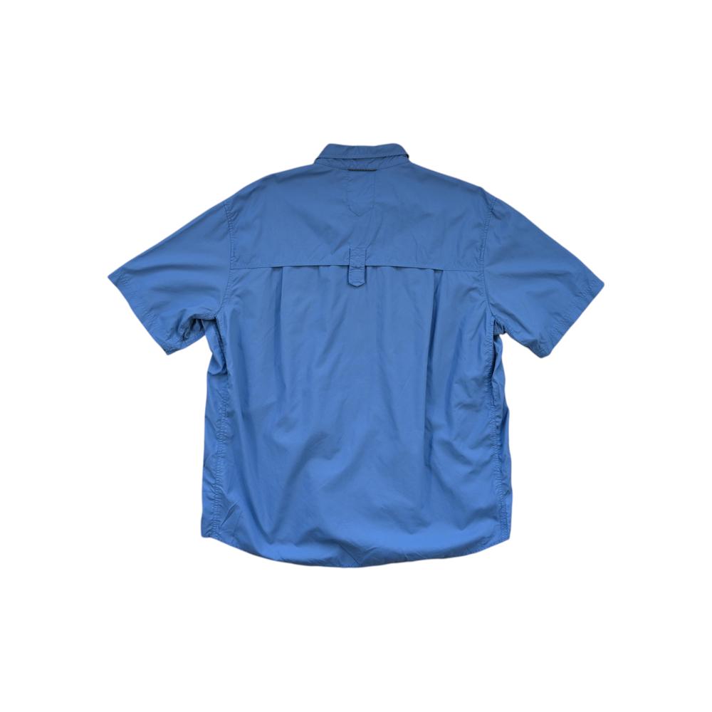 Blue hiking shirt by REI with short sleeves, button-down closure, and back ventilation flap.