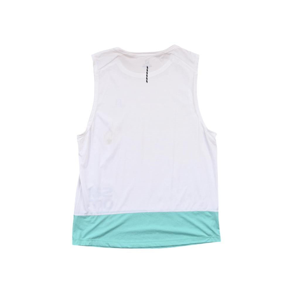 White running tank top shirt by Salomon, with an aqua bottom accent.