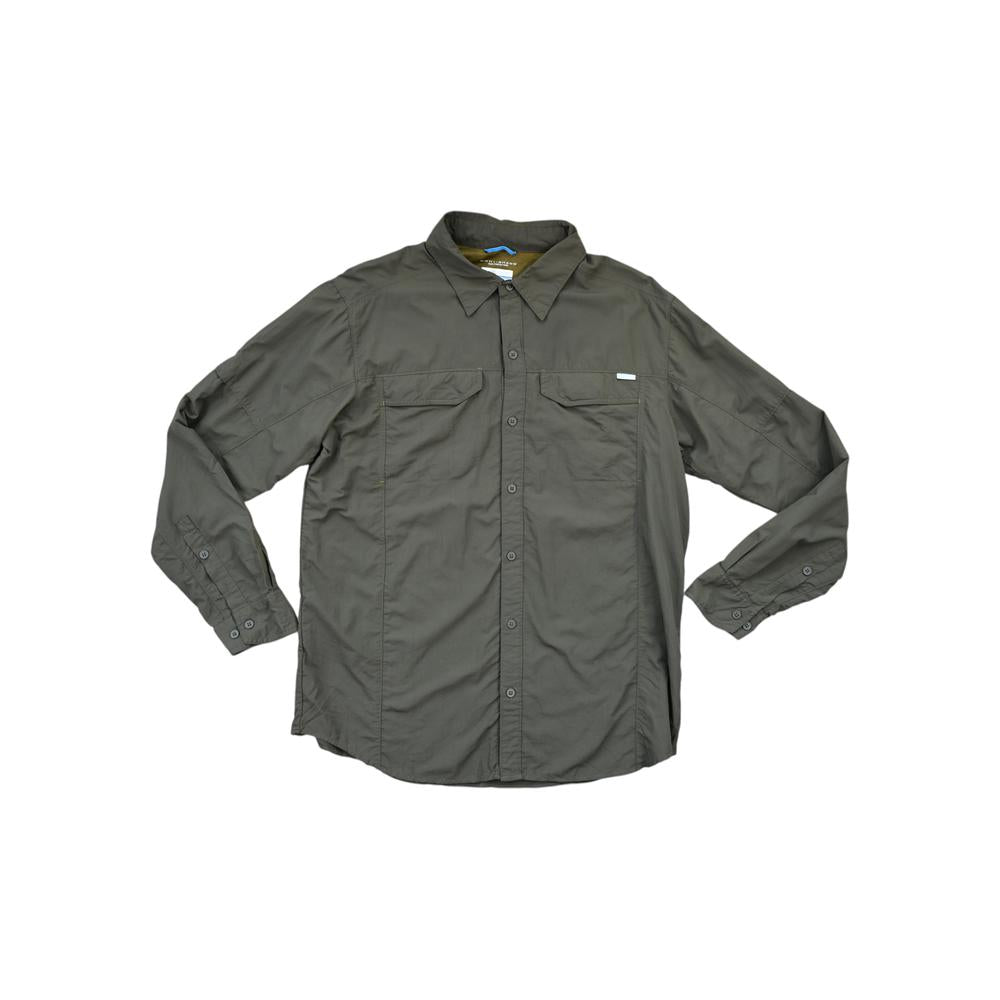 Green long sleeve shirt by Columbia, featuring button closure and chest pockets.
