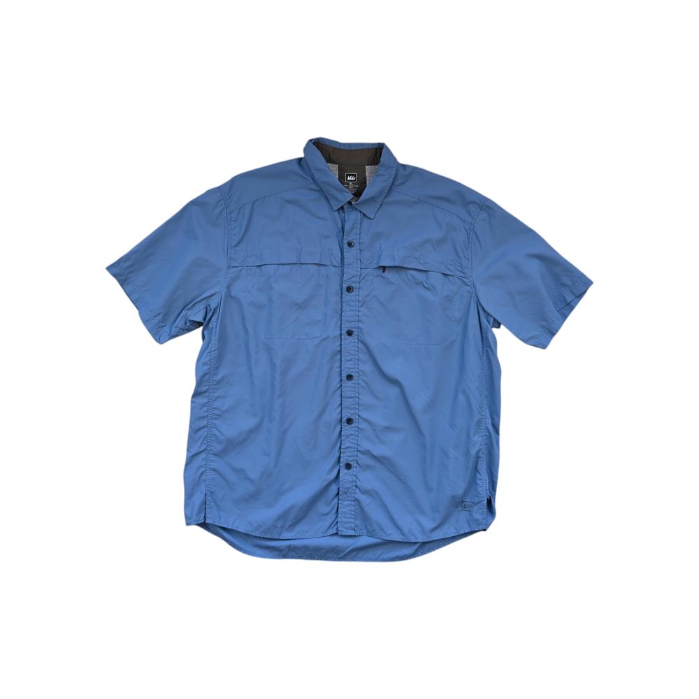 Blue button-down hiking shirt by REI with short sleeves and two chest pockets.