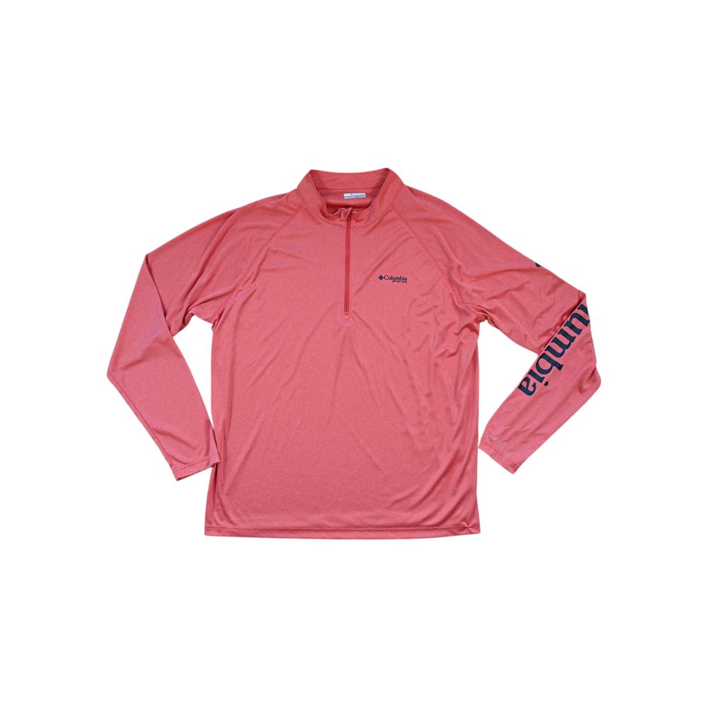 Pink long sleeve shirt by Columbia with a quarter zip and blue logo on the sleeve.