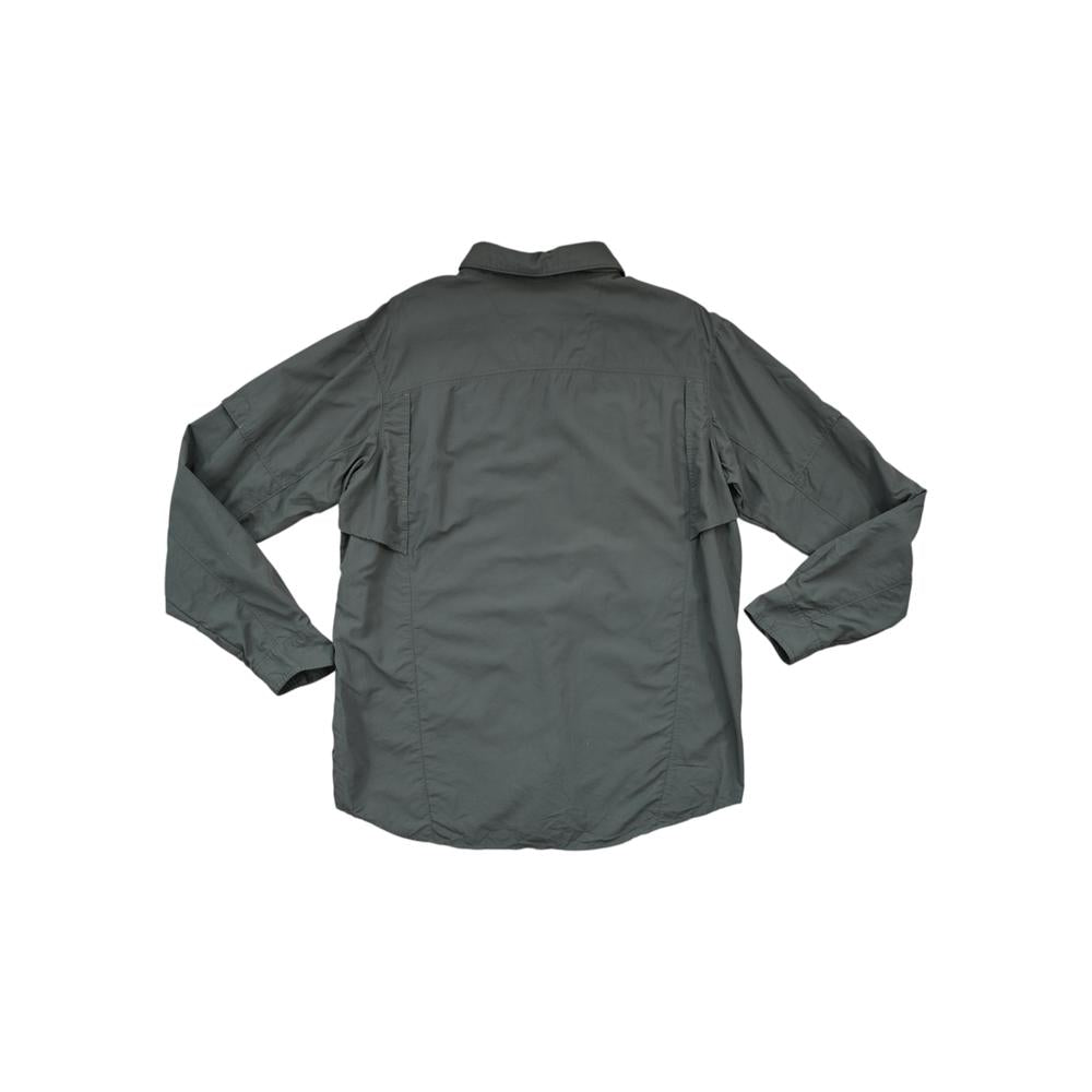 Green long sleeve shirt by Columbia with a button-up front and a classic collar, seen from the back.