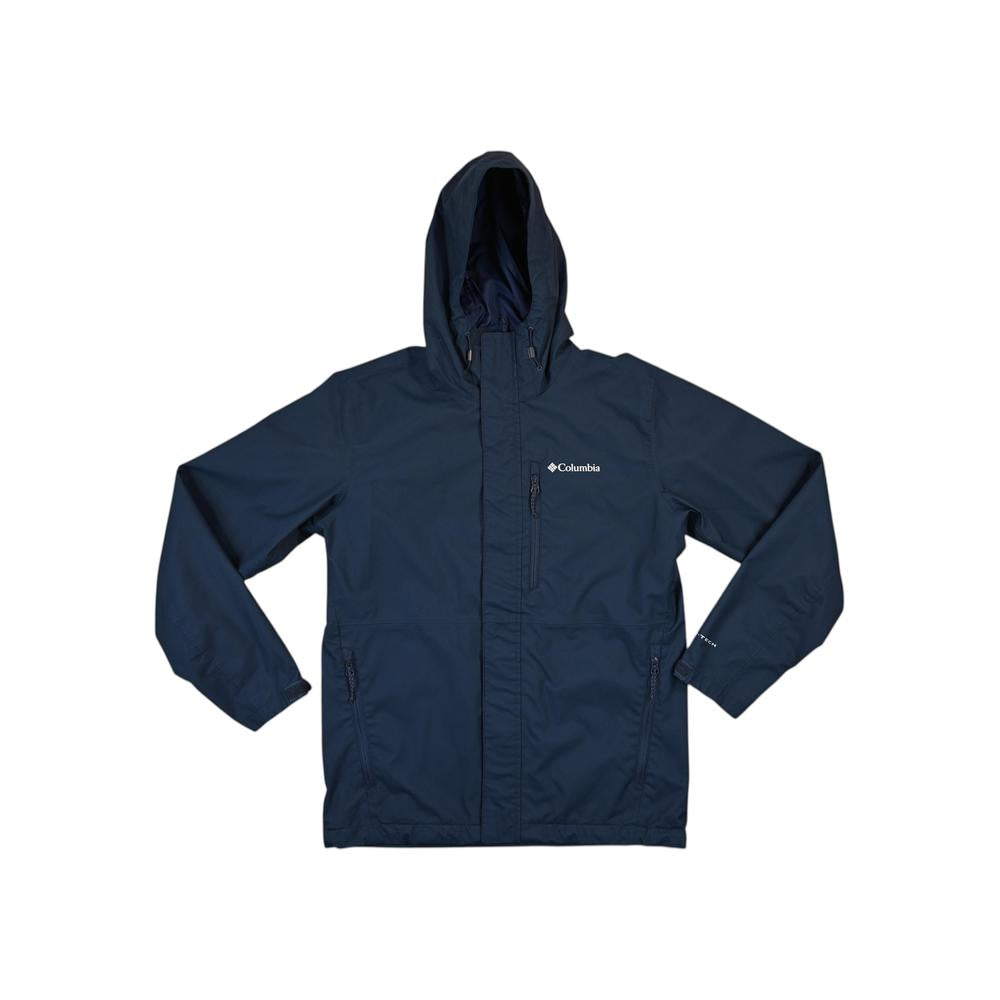Blue rain shell jacket by Columbia with a hood and front zipper.