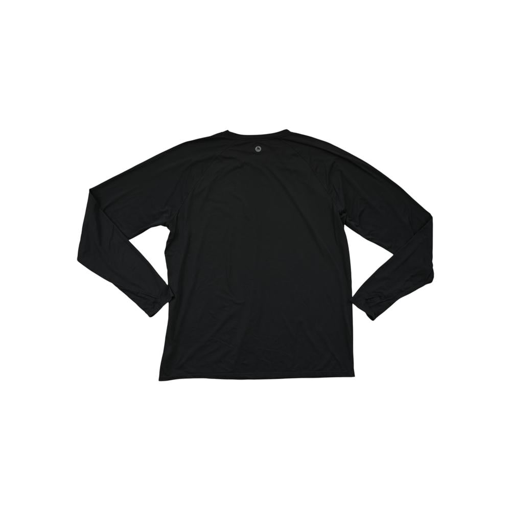 Black long-sleeve baselayer shirt by Marmot with a crew neck, lying flat.