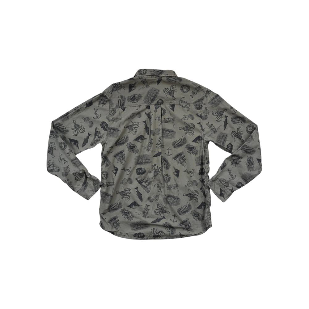 Green cotton long sleeve shirt by Kavu with a nautical pattern.