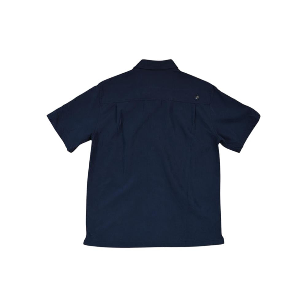 Navy short-sleeved shirt by Royal Robbins with back yoke and pleats detail.