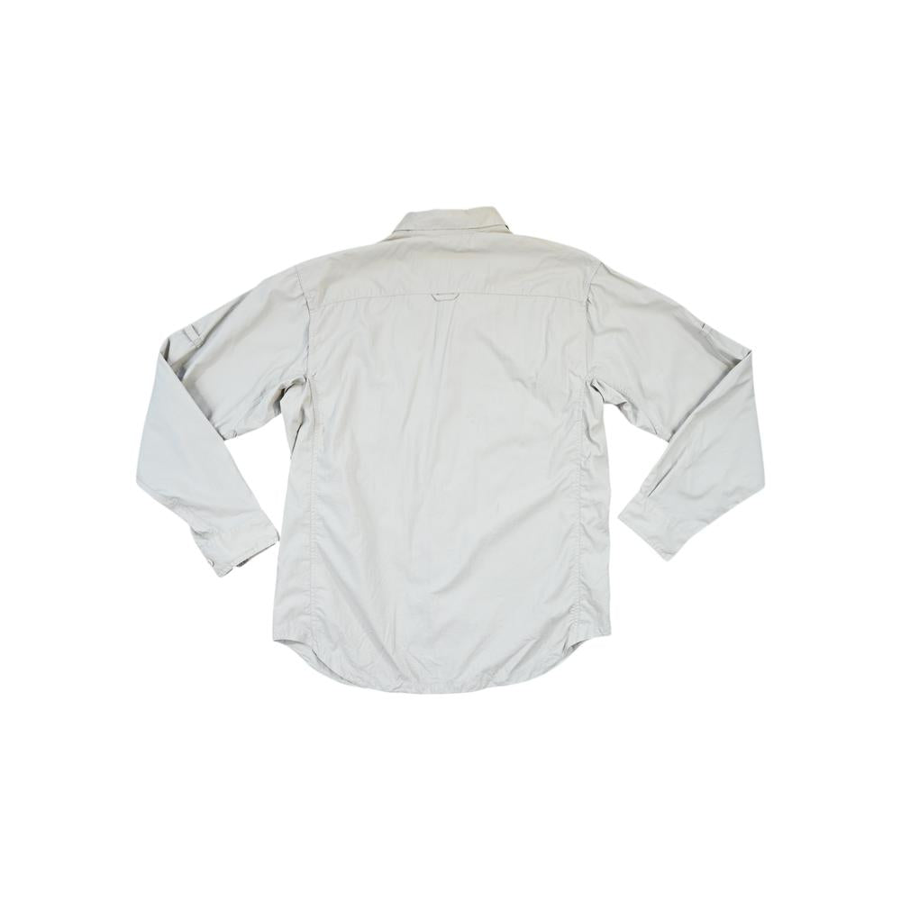 Tan long sleeve shirt by Columbia, seen from the back.