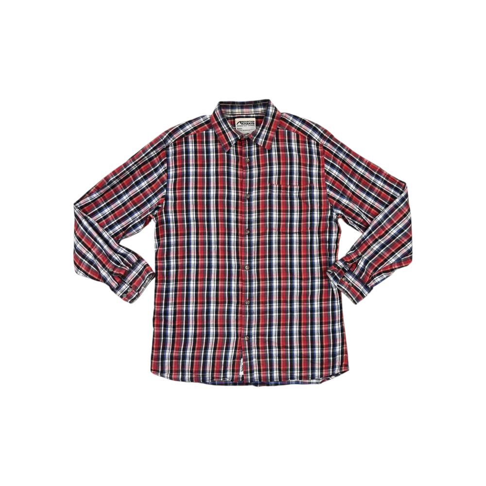 Men's red and black flannel long sleeve shirt by Mountain Khakis featuring a plaid pattern.