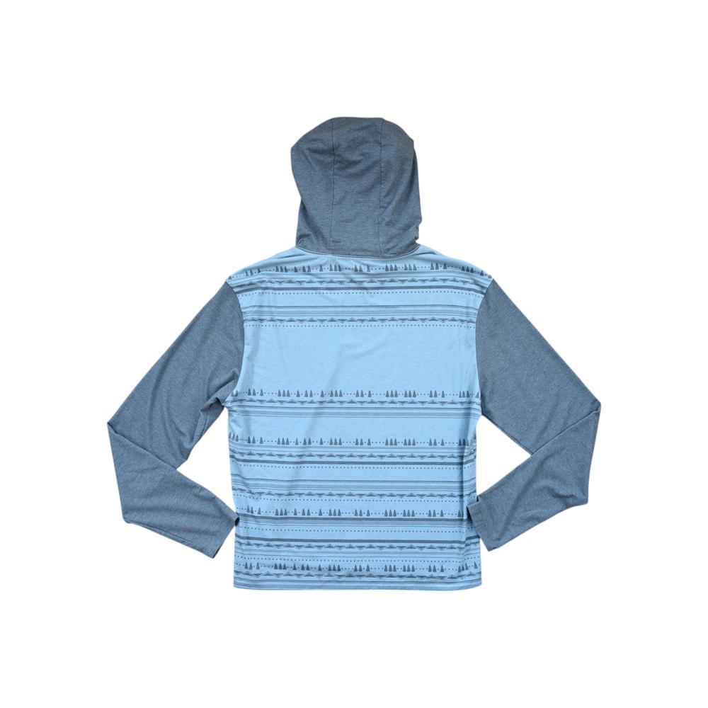 Blue long-sleeve hooded shirt by Belong Designs featuring an all-over geometric pattern and gray sleeves, shown from the back.
