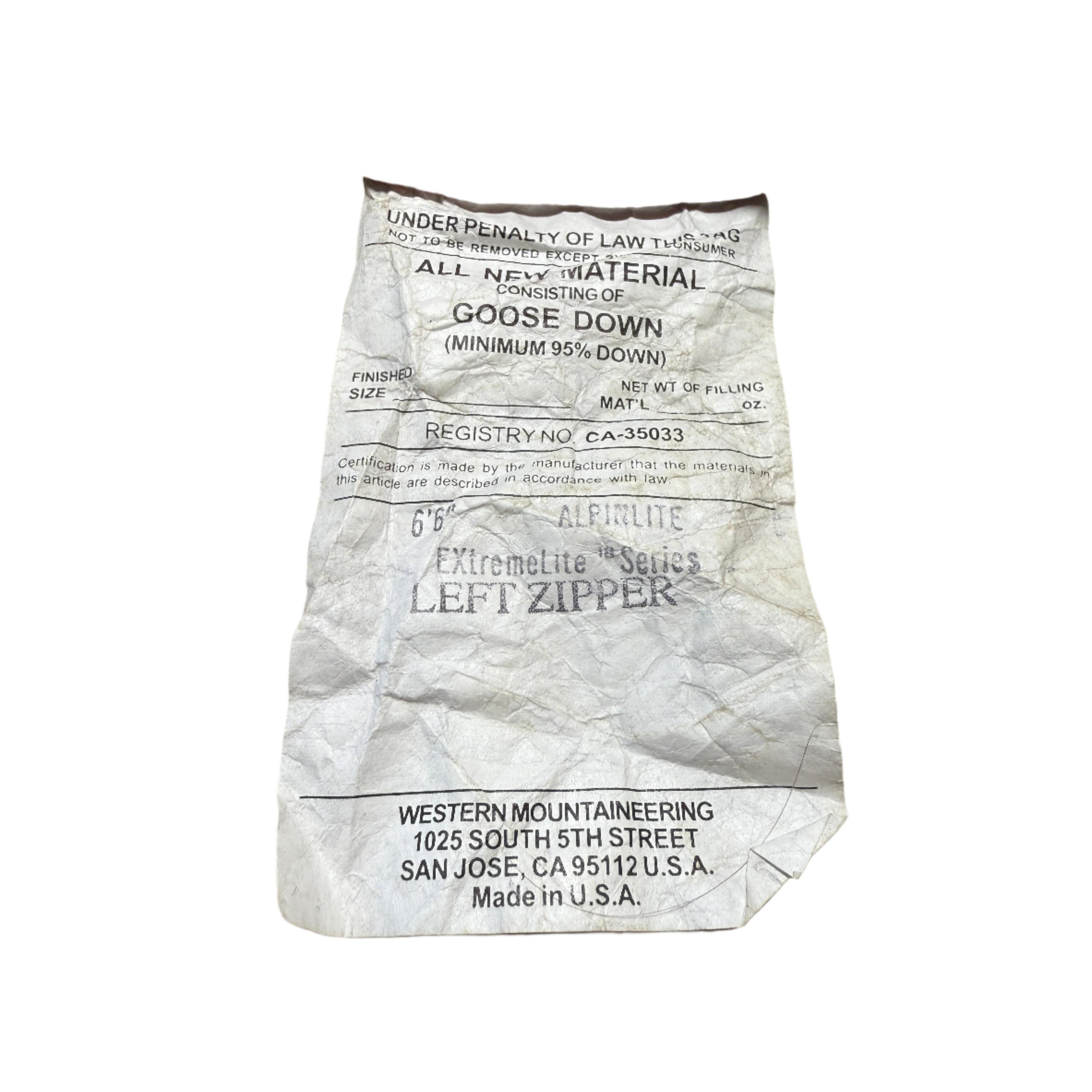 Western Mountaineering AlpinLite Down 20F Degree Sleeping Bag Used Long LH Zip USED