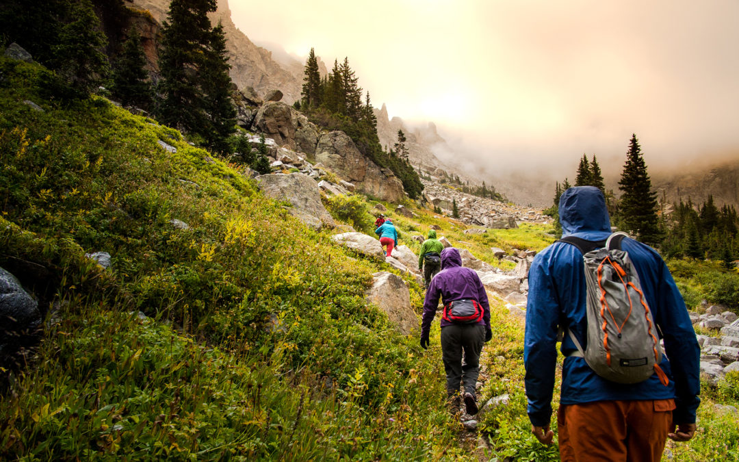 A group of hikers trek up a misty mountain trail, conveying a sense of adventure and shared outdoor experience.
