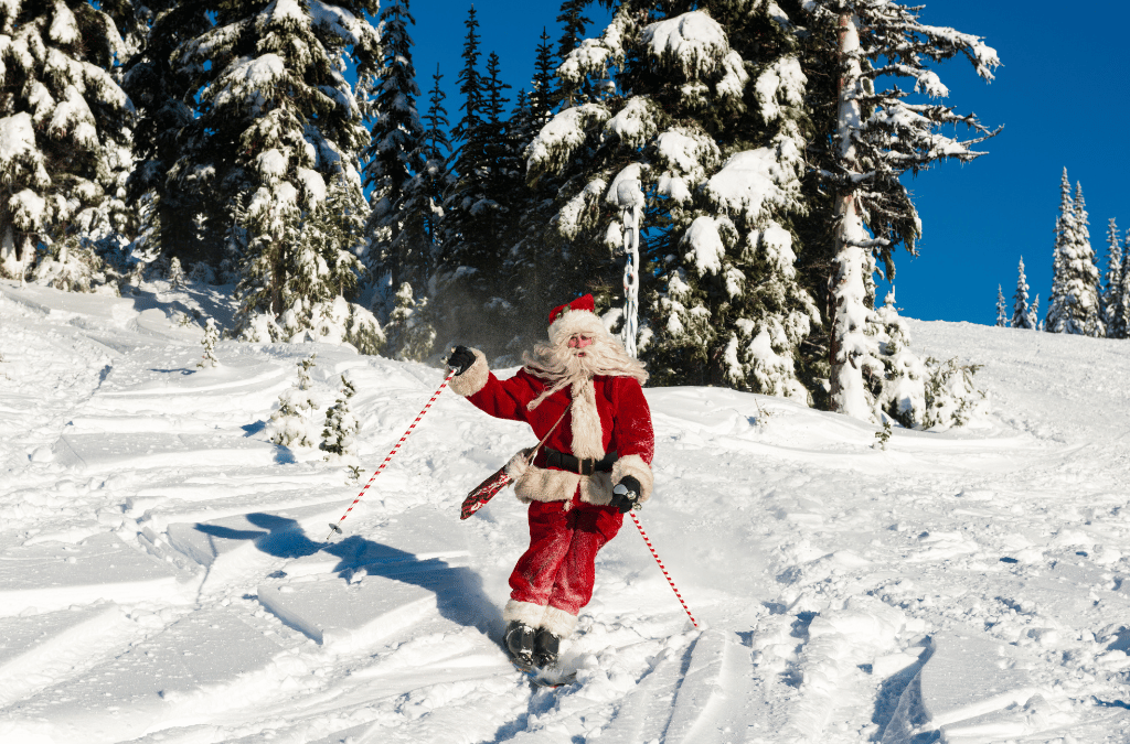 Santa skis down a snowy mountain amidst snow-covered evergreens, bringing a sense of festive fun to the slopes.
