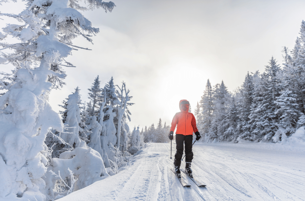 A skier in an orange jacket and black pants skis down a snowy path, surrounded by frosted trees, embodying the joy and preparation needed for winter sports.

