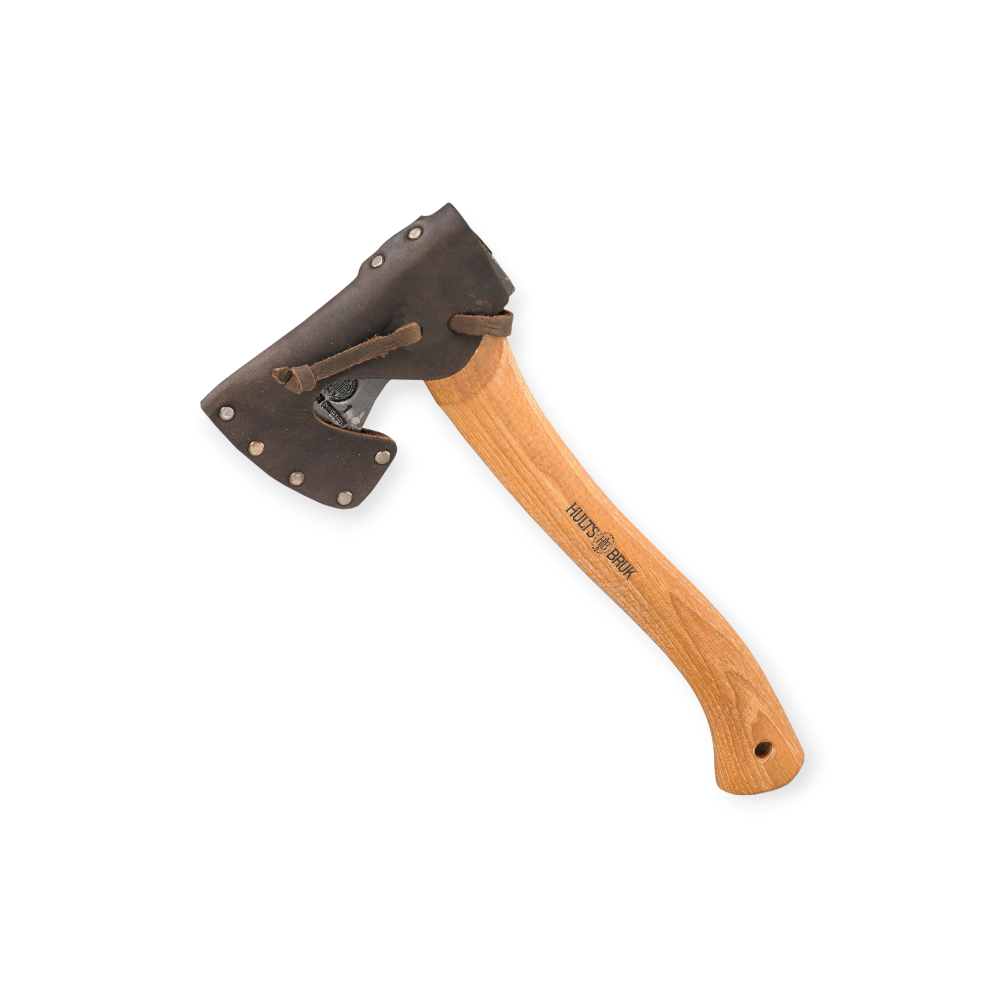 Small wooden hatchet by Hults Bruk with a brown leather sheath and rivet details.