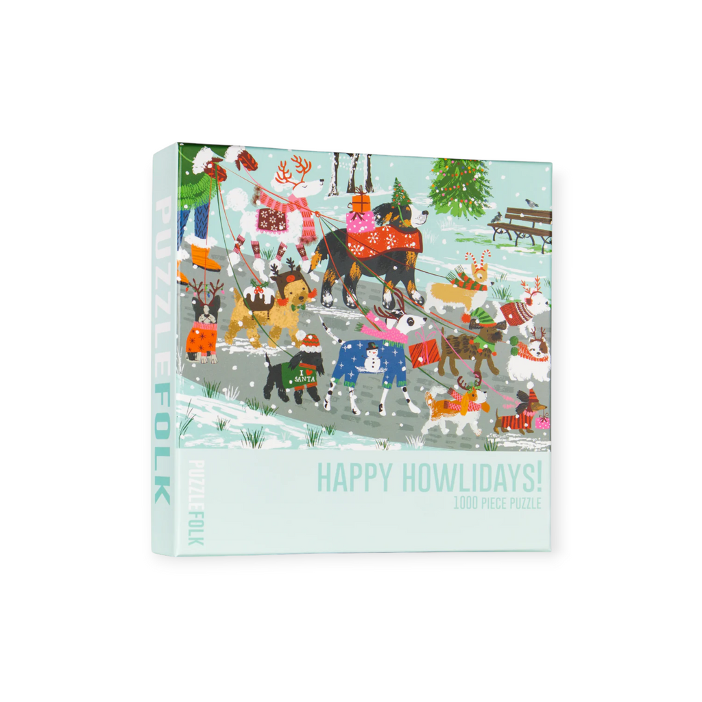 "Happy Howlidays" 1000-piece puzzle by Puzzlefolk featuring dogs dressed in winter gear in a snowy park scene.
