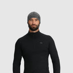 Gray beanie by Outdoor Research, styled on a man with a black long sleeve mock neck shirt.