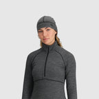 Gray merino beanie by Outdoor Research with logo detail, paired with a matching long sleeve top.