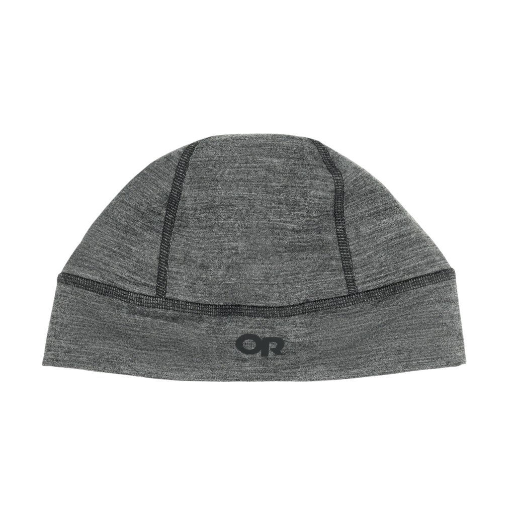 Heathered gray beanie by Outdoor Research, featuring dark gray seams and subtle logo.