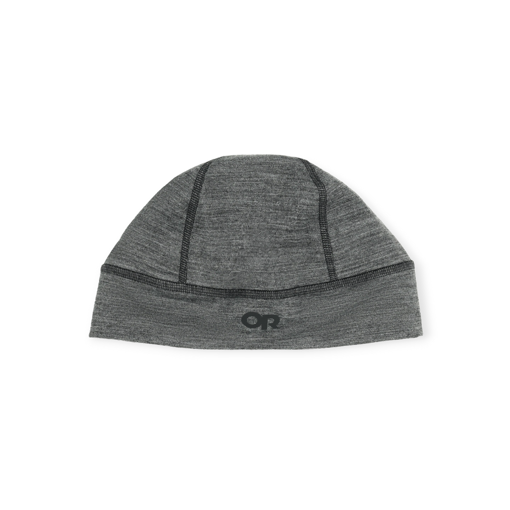 Gray beanie by Outdoor Research with a heathered texture and black stitched seams.