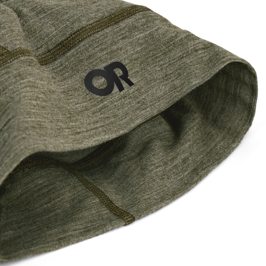 Olive green beanie by Outdoor Research with visible seams and logo.