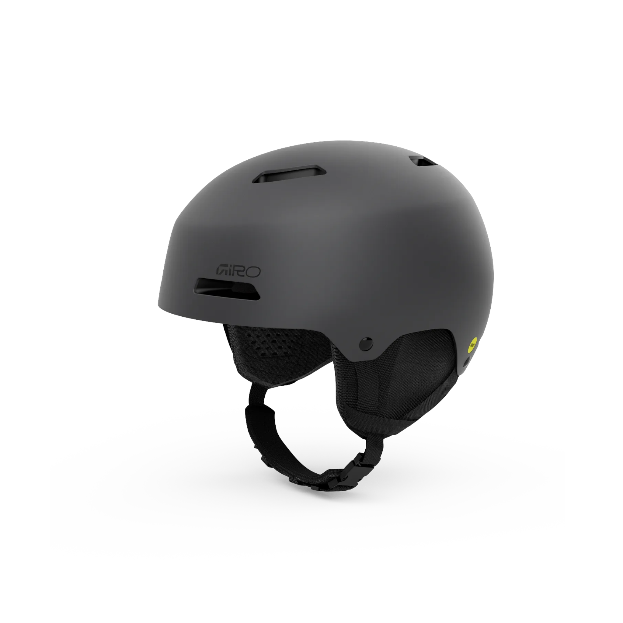 Matte grey ski helmet by Giro with ear covers and black adjustable chin strap.
