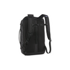 Black travel backpack in black by Patagonia, with padded shoulder straps and sternum strap, back view.