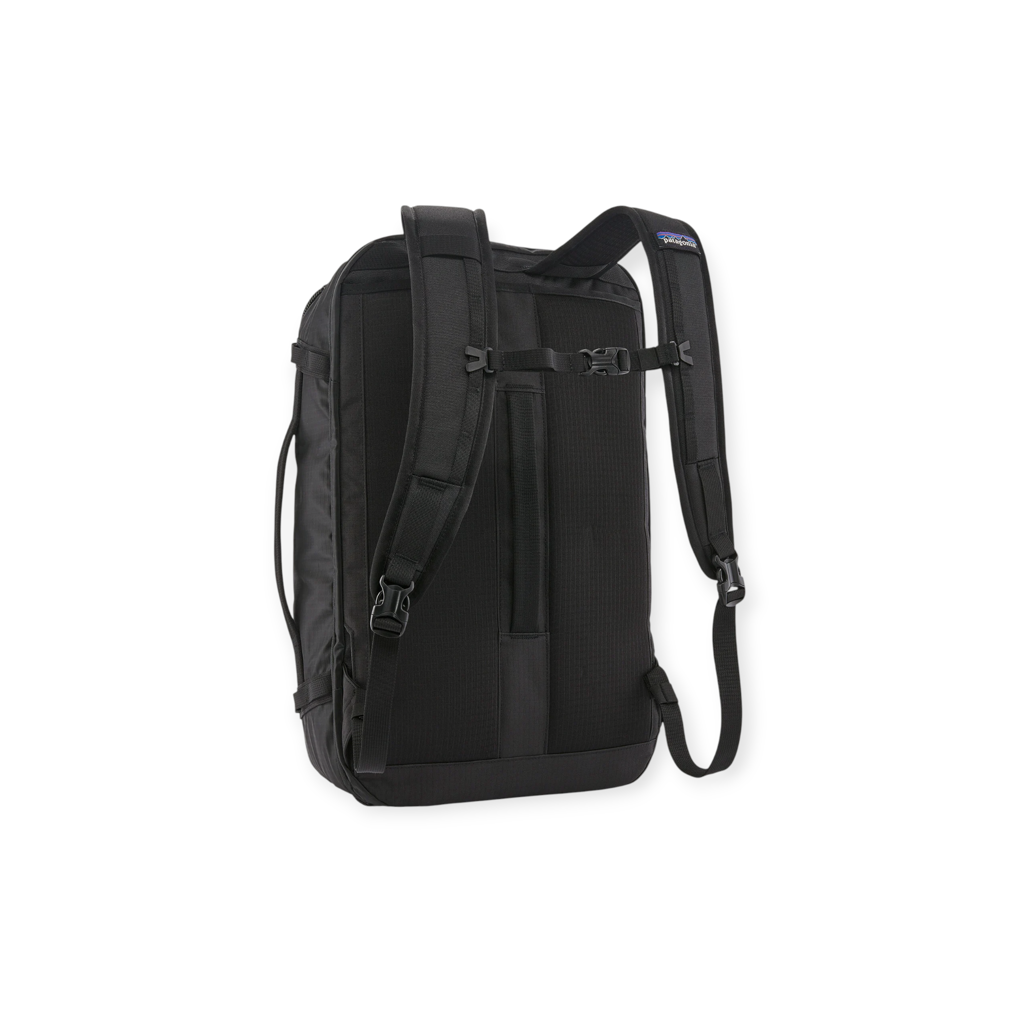 Black travel backpack in black by Patagonia, with padded shoulder straps and sternum strap, back view.