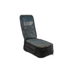 Black nylon backpack by Patagonia with an open main compartment and interior clothing visible.