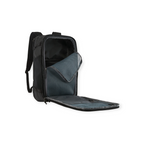 Black backpack by Patagonia, featuring an open main compartment with a mesh divider.