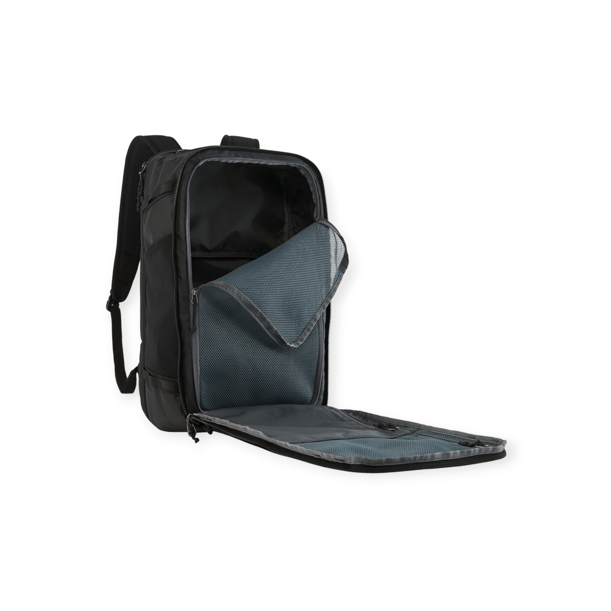Black backpack by Patagonia, featuring an open main compartment with a mesh divider.
