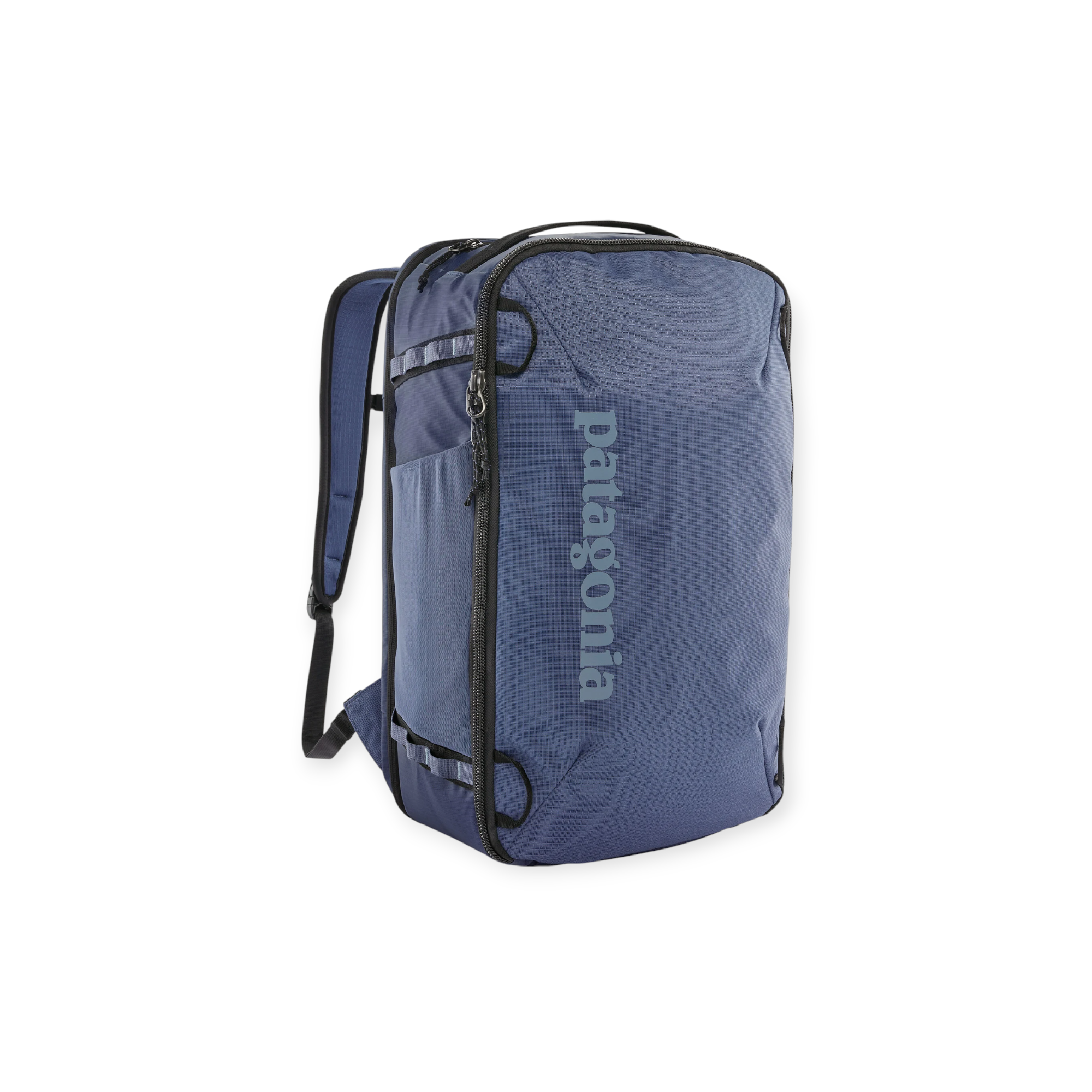 Blue backpack by Patagonia with a front zip pocket and black straps.