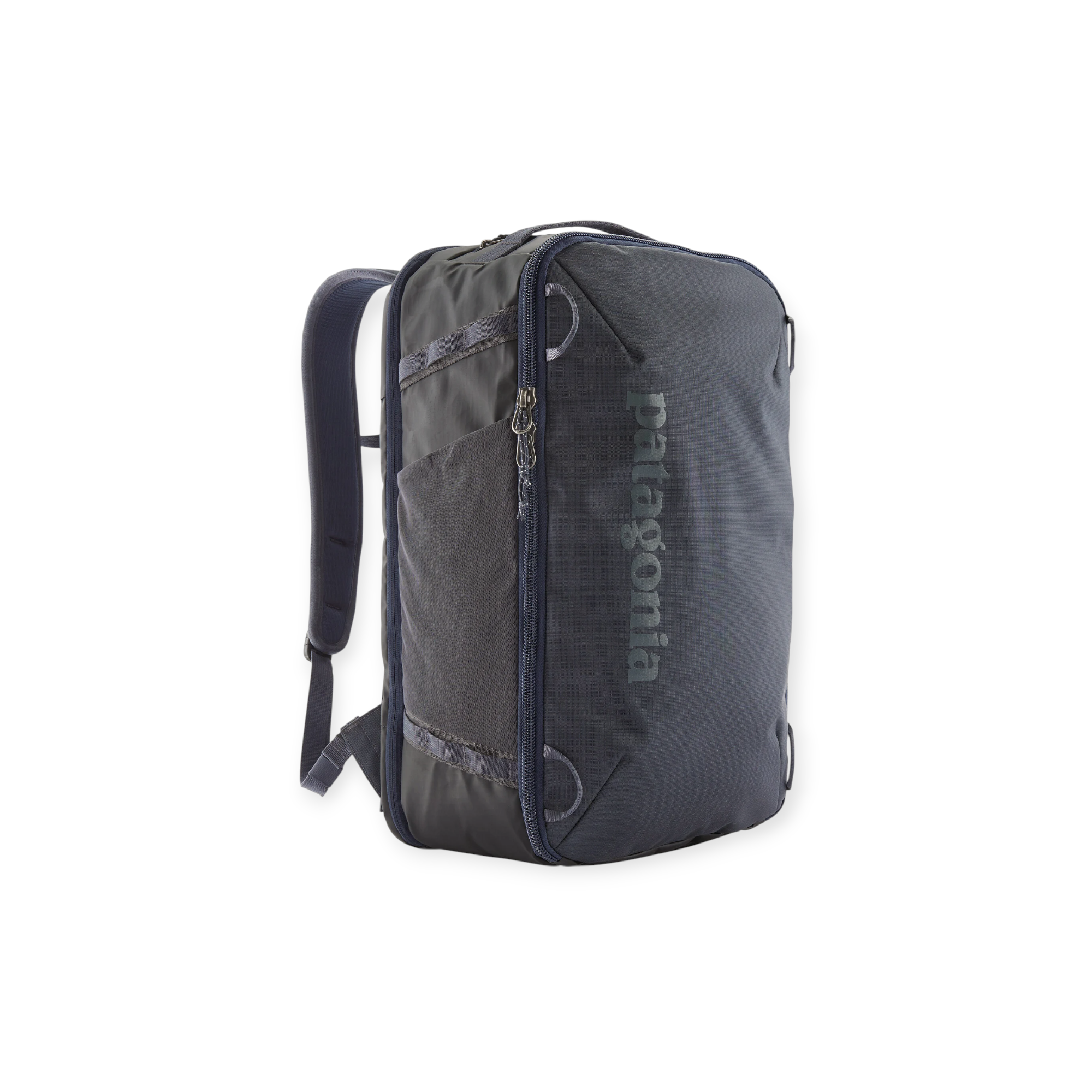 Gray convertible carry-on backpack by Patagonia with zipper closure and two padded shoulder straps.