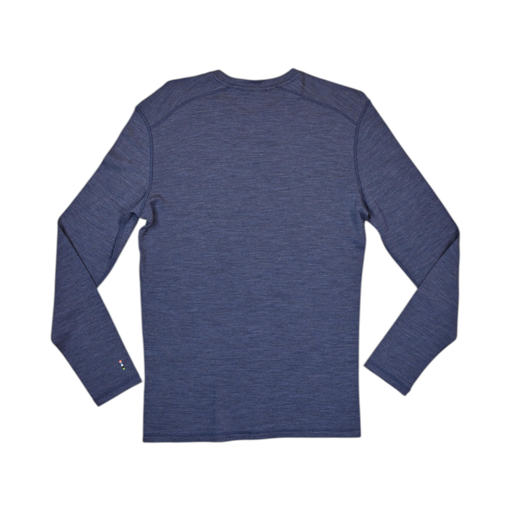 Heathered blue crew neck baselayer by Smartwool, back view.