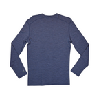 Heathered blue crew neck baselayer by Smartwool, back view.