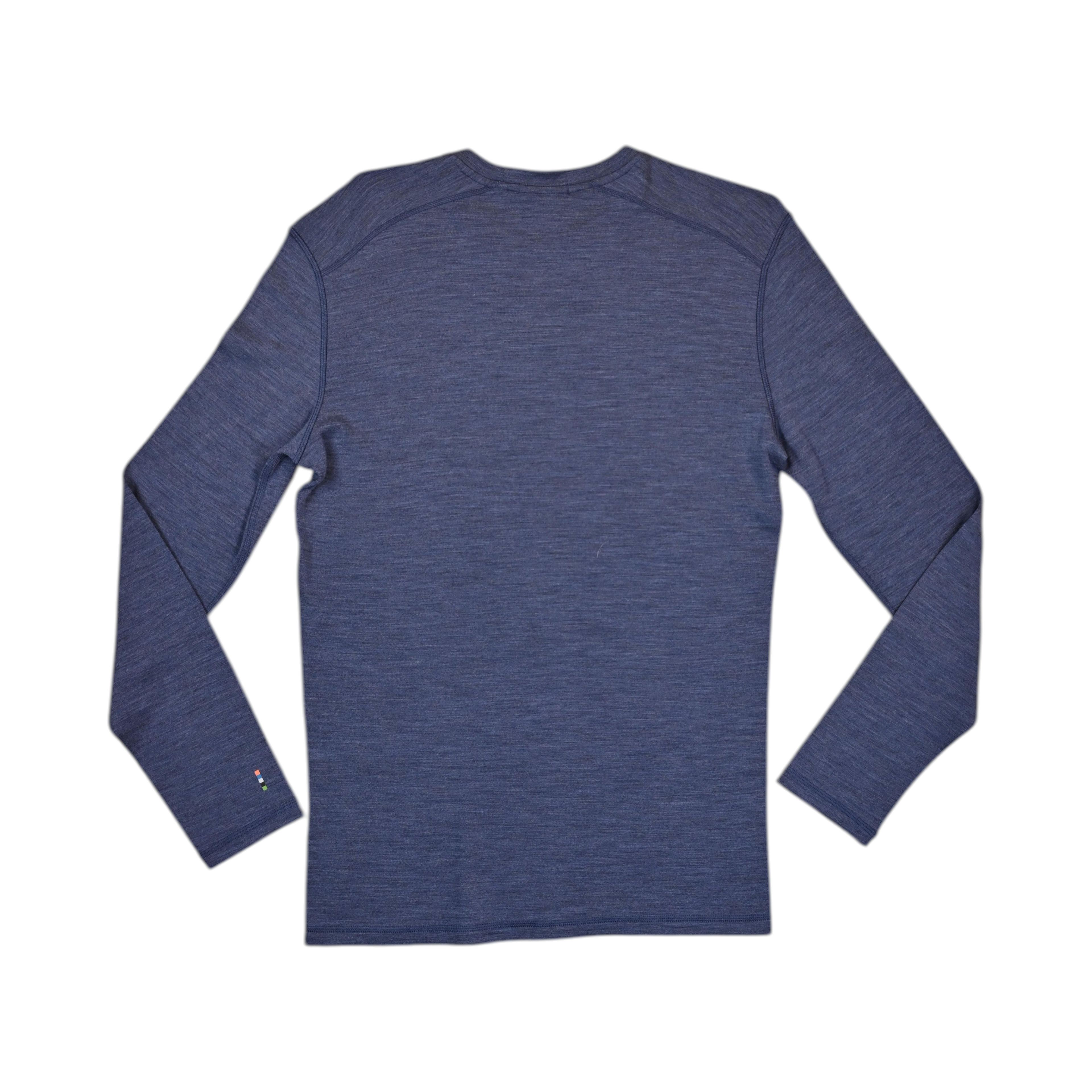 Heathered blue crew neck baselayer by Smartwool, back view.