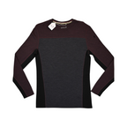 Colorblock baselayer crew by Smartwool with maroon shoulders, charcoal body, and black side panels, laid flat.