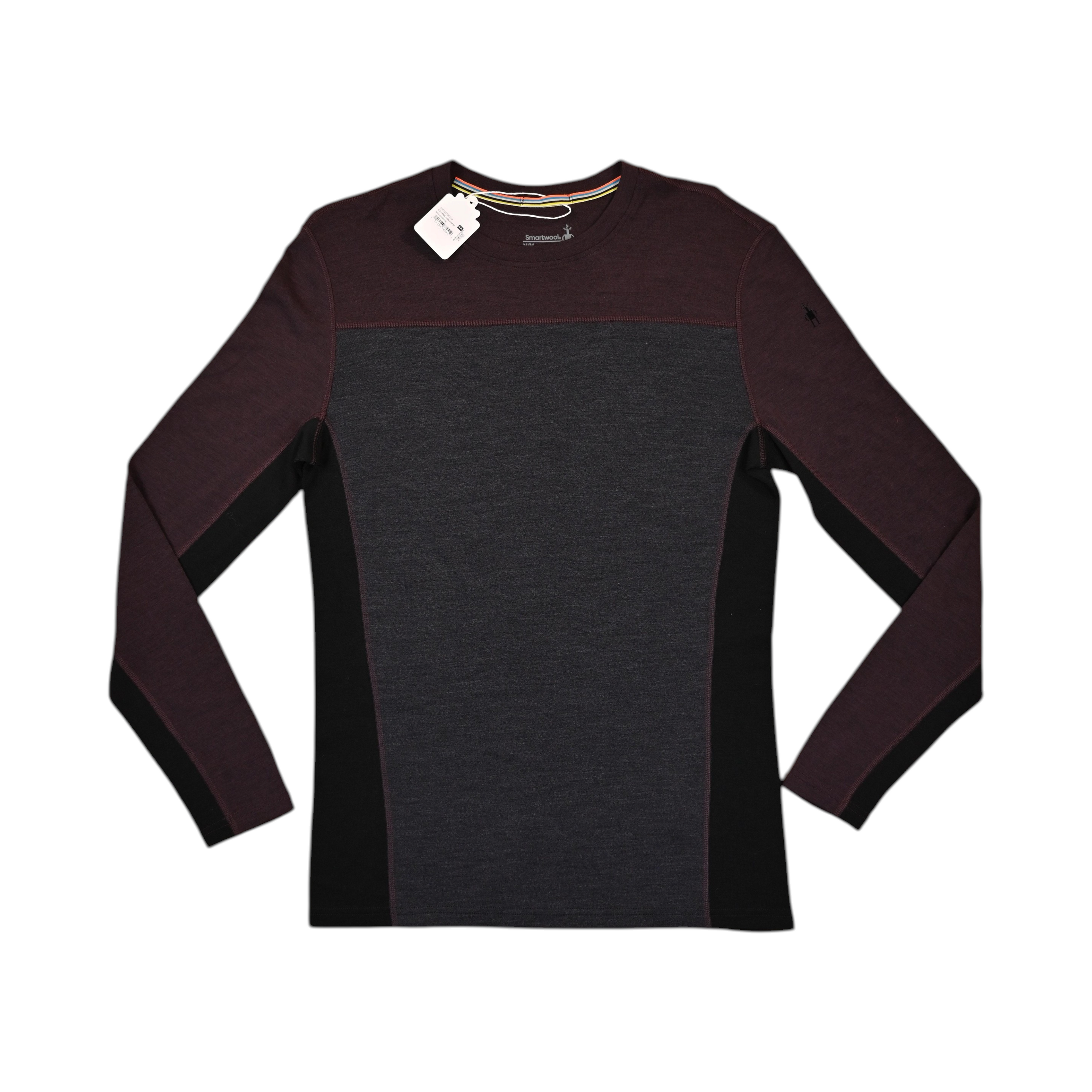 Colorblock baselayer crew by Smartwool with maroon shoulders, charcoal body, and black side panels, laid flat.