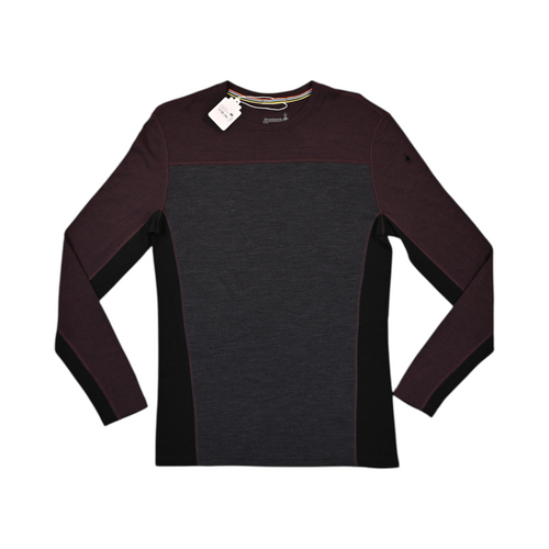 Colorblock baselayer crew by Smartwool with maroon shoulders, charcoal body, and black side panels, laid flat.