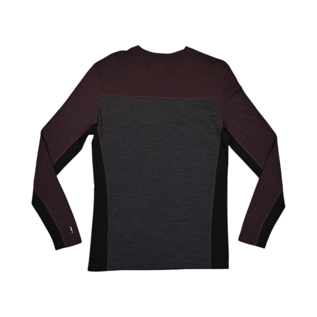 Colorblock baselayer crew by Smartwool with maroon shoulders, charcoal body, and black side panels, back view.