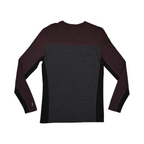 Colorblock baselayer crew by Smartwool with maroon shoulders, charcoal body, and black side panels, back view.