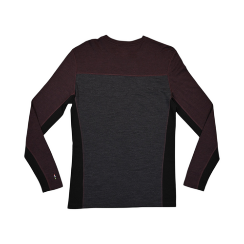 Colorblock baselayer crew by Smartwool with maroon shoulders, charcoal body, and black side panels, back view.